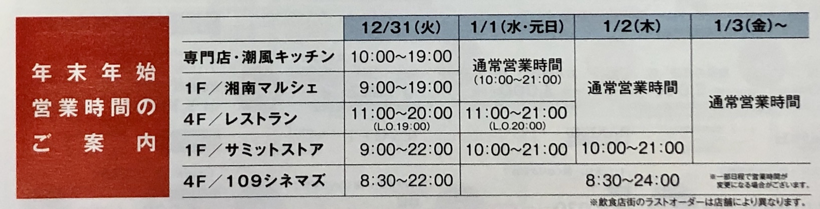 テラスモール湘南2020_年末年始の営業時間